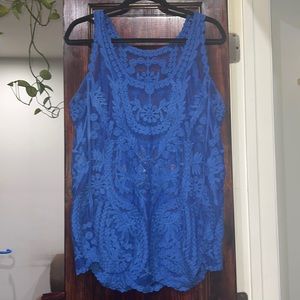 Blue Floral Lace See Through Shirt